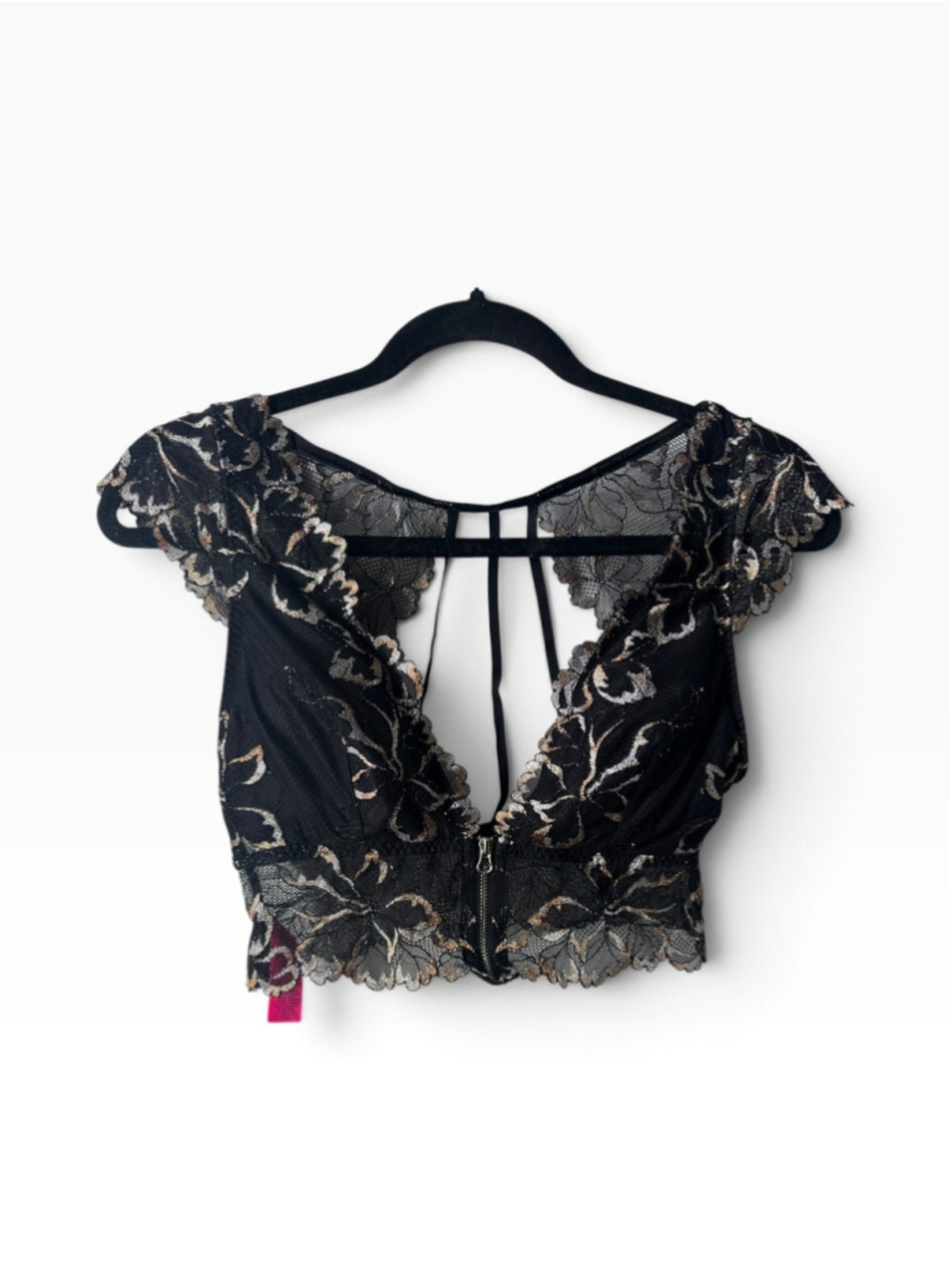 La Senza Bra Bralette Black Lace Floral Zip lingerie Sheer V Neck sz M